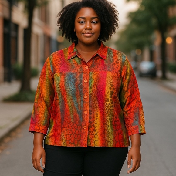 Rainbow Animal Print Top Size Medium Semi Sheer Button Blouse 3/4 Slv Leopard - Picture 1 of 10